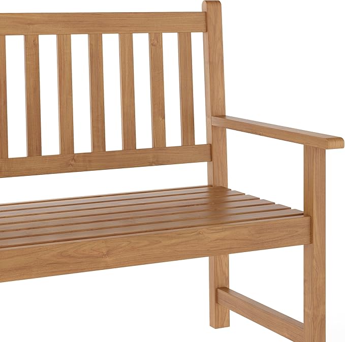 Flash Furniture Adele Commercial Indoor/Outdoor Acacia Wood Bench, 2-Person Slatted Patio Loveseat, for Use in Yard, Garden, Porch, or Park, Brown