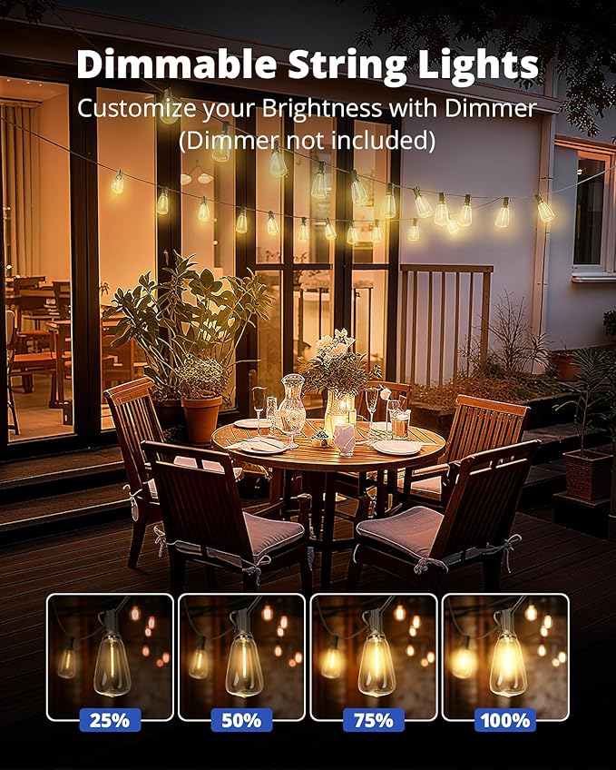 VIPAR Outdoor String Lights 60FT LED Patio Lights LED Waterproof with 26+2 Shatterproof ST38 Edison Bulbs, 2700K Connectable Outside Hanging Light for Porch, Garden, Backyard, Deck, Balcony, Decor