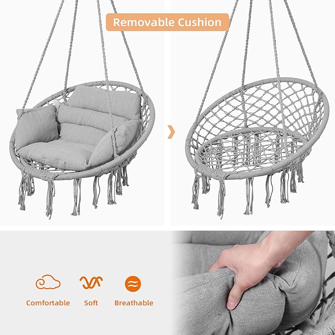 Goutime Hammock Chair, Macrame Hanging Swing Chairs with Cushion and Hardware Kit,Adult Boho Swings for Outside,Patio,Balcony,Bedroom (Light Grey)