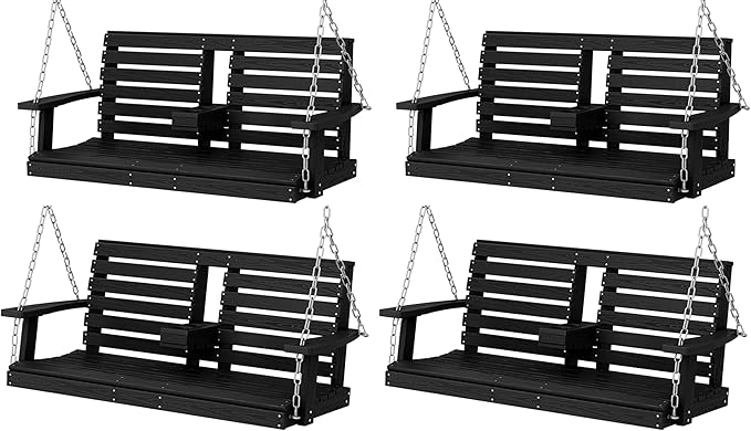 KINGYES Outdoor Hanging Porch Swing Set of 4, 2 Seat Patio Chair With Cup Holders, Waterproof Bench for Courtyard & Garden, 660LBS Weight Capacity, Black