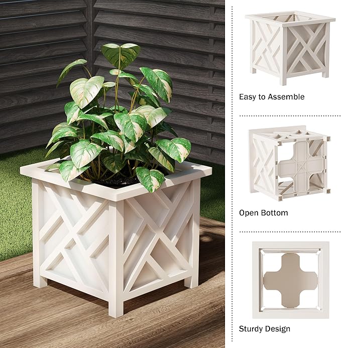 Lattice Design Outdoor Planter Box - 14.75” Square 13” Tall White Plant Pot - Decorative Plant Pots for Front Porch Decor - Flower Pots Outdoor Planters for Porch Patio or Garden Decor by Pure Garden