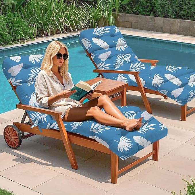 Outdoor Chaise Lounge Chair Cushion 75.1 x 22.8 x 4.7 Inches 100% Waterproof Replacement Cotton Patio Pool Lounge Chair Cushion for Outdoor Furniture with Ties, Blue Leaf