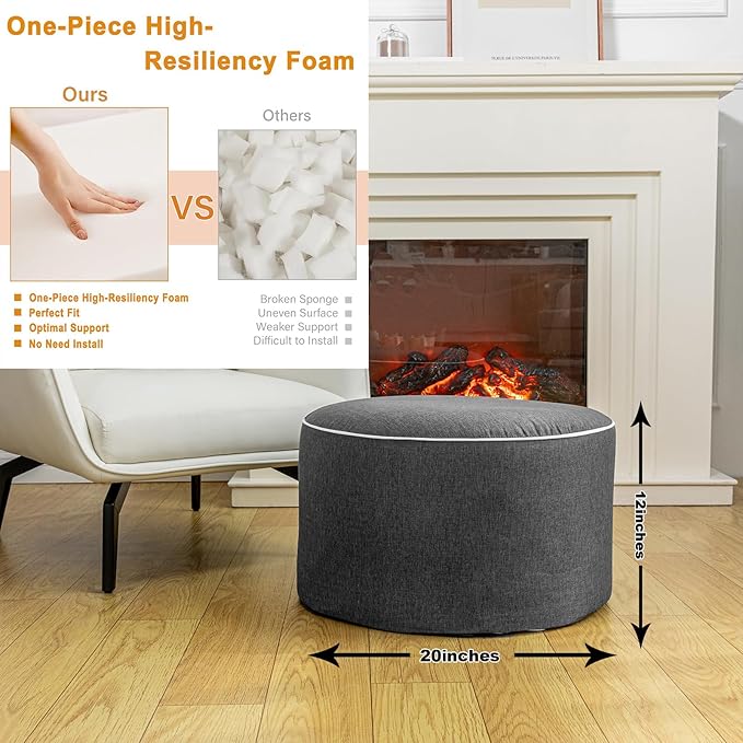 Outdoor Indoor Foam Stuffed Ottoman All Weather Waterproof Round Ottoman Footrest Stool D20x H12 Inches Boho Foot Rest for Patio Living Room Porch Outdoor Seating Garden Camping Dark Gray