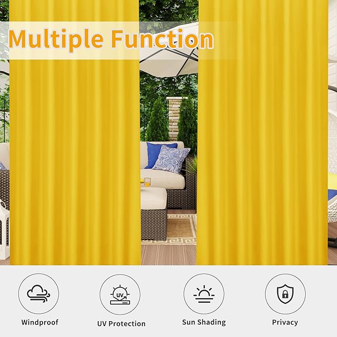 Easy-Going Outdoor Patio Curtains Detachable Tab Top Windproof Weatherproof Curtain for Cabana, Porch, Pergola and Gazebo, Tab Bottom Drape, 2 Panels, 110W x 84L inch, Yellow