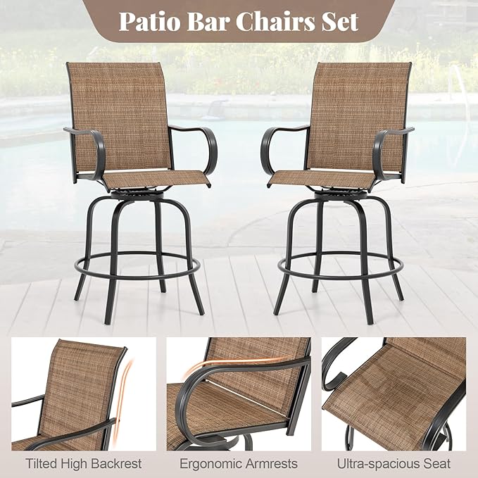 Giantex Set of 4 Swivel Outdoor Bar Stools, All-Weather Bar Height Patio Chairs, 330LBS Capacity, 360 Rotating Outside Bar Chairs with High Back Armrests, for Porch Yard Lawn Garden Pool (Brown)