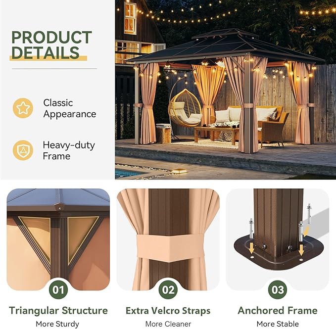 Aoxun 10'x12' Hardtop Gazebo, Aluminum Frame Permanent Pavilion with Netting and Curtains, Outdoor Polycarbonate Double Roof Canopy with Ceiling Fan, Designed for Lawn, Garden, Patio, Brown