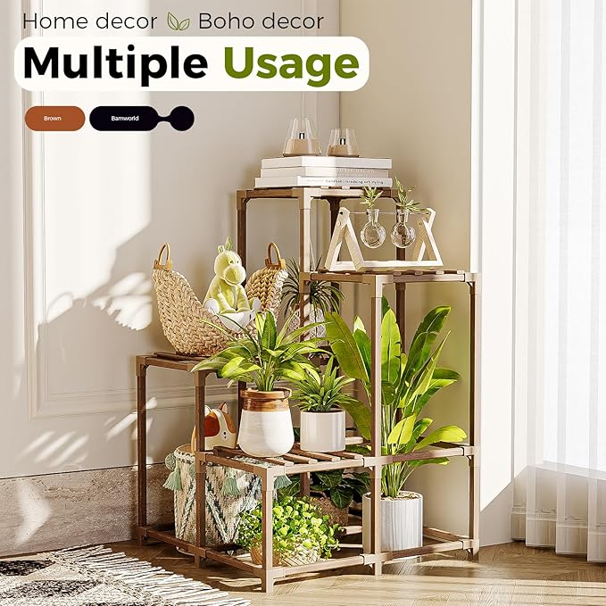 Bamworld Plant Stand Indoor Outdoor Corner Shelf Plant Holder 4-Pot Flower Stand Wood Plant Rack Indoor Multiple Plants Patio Balcony Garden Livingroom