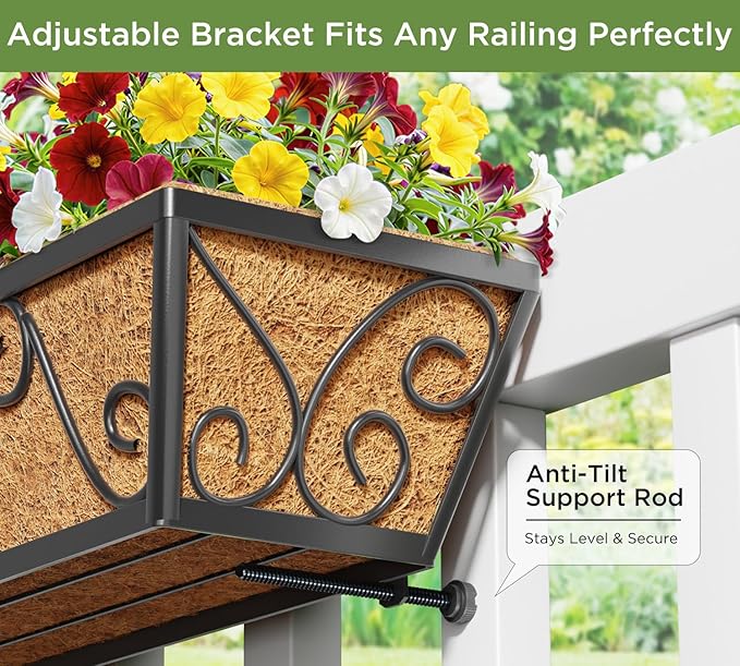 Y&M 30 Inch Window Deck with Coco Liner, Fence Metal Hanging Flower Planter Window Basket Deck Railing Planter Boxes for Outdoor Garden Lawn-Butterfly, 2pcs