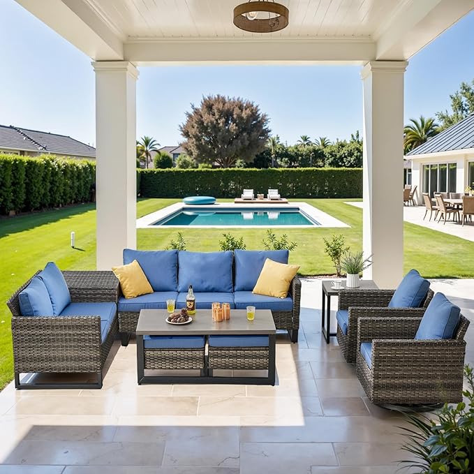 Belord Patio Conversation Set with Swivel Glider Chairs - 9 Piece Outdoor Sectional Furniture Set with Storage Box and Metal Top Table Gray Wicker/Blue Cushions
