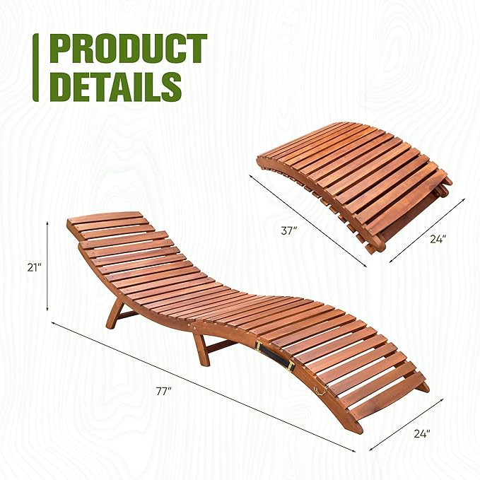 Devoko Patio Chaise Pool Lounge Outdoor Folding Wooden Lounge Chair for Outside Waterproof Lounge Chair (1Piece)
