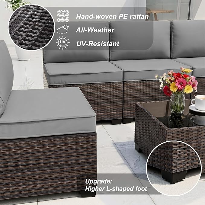 ALAULM Patio Furniture Set with Coffee Table, 14 Pieces Outdoor Sectional with Wide Seat and Thick Cushion, All Weather Wicker Rattan Conversation Set for Backyard, Garden, Deck, Grey