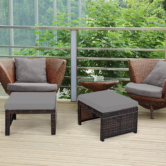 Tangkula 2 Pieces Patio Rattan Ottomans, All Weather Outdoor Footstool Footrest Seat with Soft Cushion, Hidden Zipper, High-Density Sponge, Wicker Ottoman Seat for Patio, Garden, Poolside
