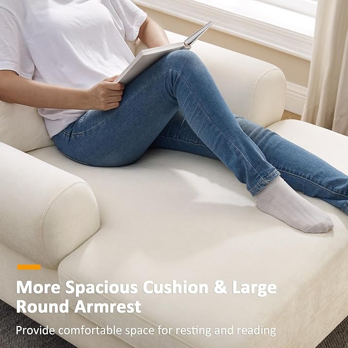 Modern Chaise Lounge Chair with Adjustable Backrest, Upholstered Indoor Leisure Sofa Recliner, Oversized Accent Chair Deep Seat Reading Armchair for Living Room, Bedroom, Office, Beige White
