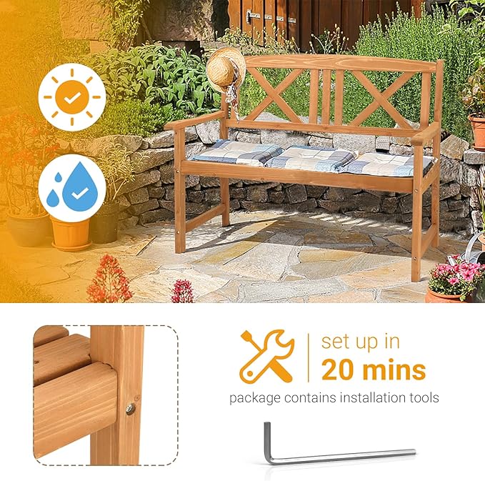 Outvita Wooden Garden Bench, Outdoor Wood Patio Bench, Rustic 2-Person Loveseat Chair w/Armrest for Porch Poolside Park Backyard Balcony, Capacity 605Lbs, X Backrest