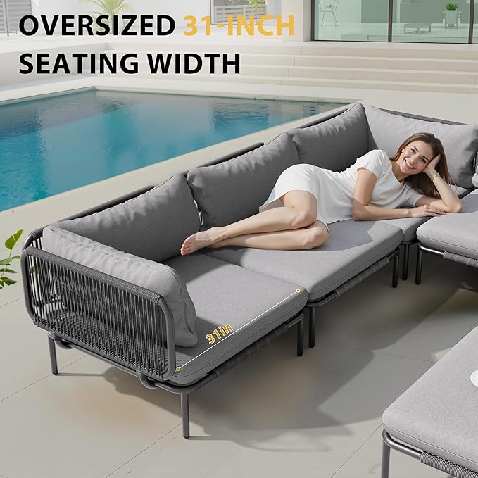 4 Piece Modern Outdoor Sectional Sofa, 31" Oversized Patio Furniture Set with Olefin Woven Rope, Weather-Resistant Metal Frame and Removable Cushion, Dark Grey