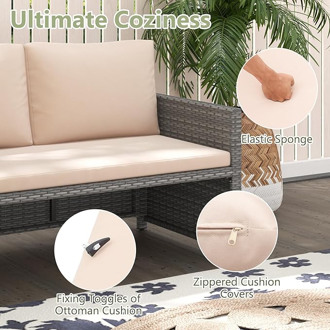 Tangkula Outdoor Rattan Daybed, Wicker Loveseat & 31 Gallon Storage Ottoman w/Soft Cushions, Space-Saving 2-Person Sun Lounger Daybed for Backyard, Porch (Beige)