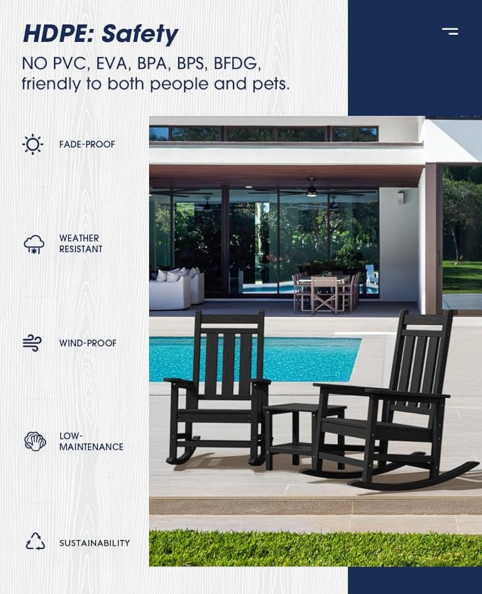 KINGYES Oversized Outdoor Rocking Chair Set of 4, All-Weather Patio Rocking Chairs for Porch, HDPE Outdoor Patio Rockers with High Back & Wide Seat for Garden, Lawn, Black