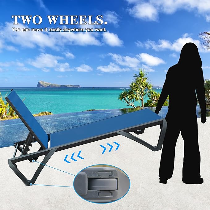 Domi Pool Lounge Chairs Set of 2 with Side Table, Aluminum Adjustable Outdoor Chaise Lounge with Wheels, All Weather Poolside Chairs for Deck Lawn Patio Backyard, Textilene- Navy Blue