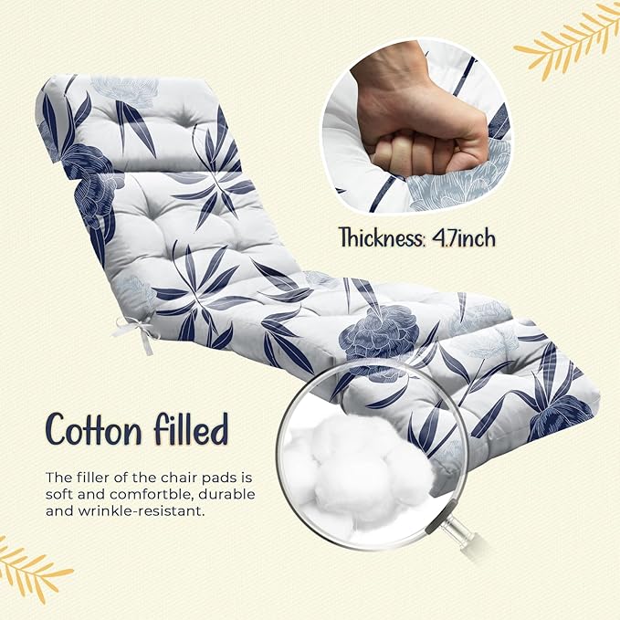 Outdoor Chaise Lounge Chair Cushion 75.1 x 22.8 x 4.7 Inches 100% Waterproof Replacement Cotton Patio Pool Lounge Chair Cushion for Outdoor Furniture with Ties, Blue Enchantress