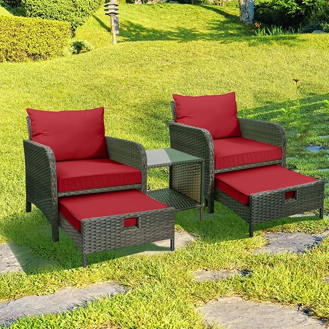 LEVELEVE Balcony Furniture 5 Piece Patio Conversation Set, PE Wicker Rattan Outdoor Lounge Chairs with Soft Cushions 2 Ottoman&Glass Table for Porch, Lawn-Brown Wicker（Wine Red