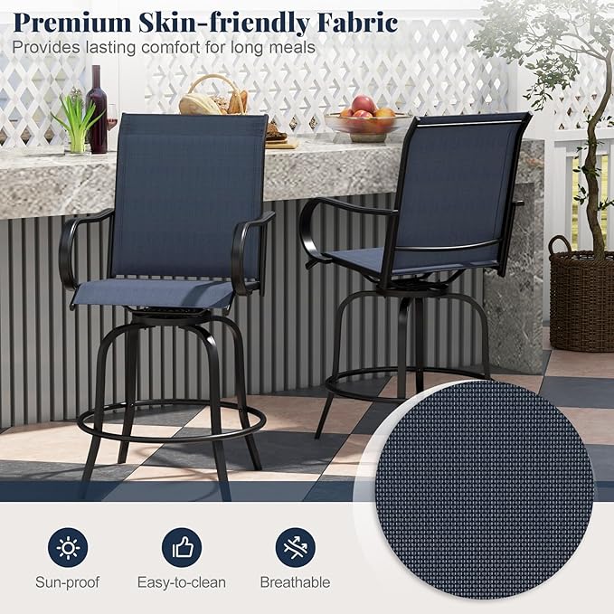 Giantex Set of 4 Swivel Outdoor Bar Stools, All-Weather Bar Height Patio Chairs, 330LBS Capacity, 360 Rotating Outside Bar Chairs with High Back Armrests, for Porch Yard Lawn Garden Pool (Navy)