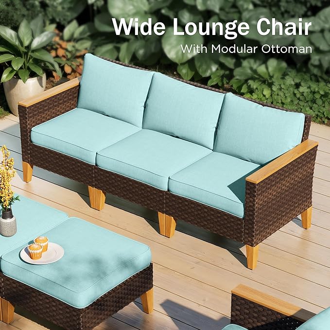 PHI VILLA 10-Piece Wicker Patio Furniture Set, Outdoor Half-Moon Curved Sectional Sofa with 4 Ottomans, 2 One Armrest Seats, 1 Armless Sofa, Large Conversation Seating for Garden or Backyard,Aqua Blue
