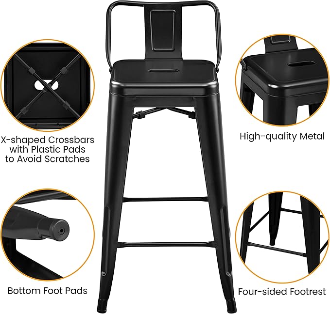 Yaheetech Bar Stools Set of 4, Metal Counter Height Chairs, 26 Inch Industrial Kitchen Stools with Backrest and Footrest for Indoor/Outdoor, Matte Black