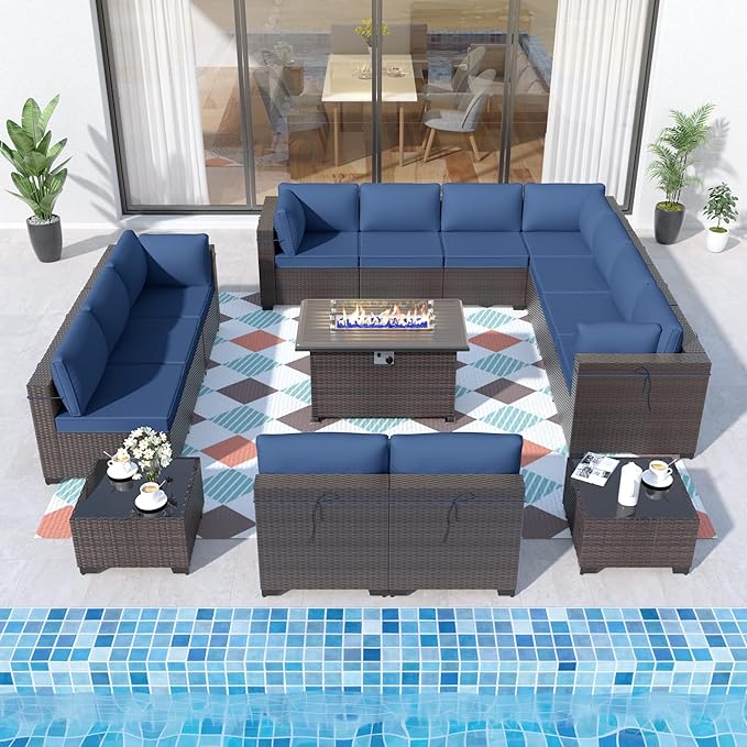 ALAULM Patio Furniture Set with Fire Pit Table 55000 BTU, Outdoor Sectional with Wide Seat and Thick Cushion, 15 Piece Wicker Rattan Conversation Set with Coffee Table for Garden, Deck, NavyBlue