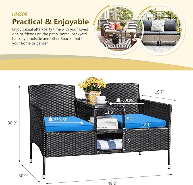 Devoko Outdoor Patio Loveseat Modern Rattan 2-Seat Patio Conversation Set with Cushions & Built-in Coffee Table Porch Furniture for Garden Lawn Backyard (Blue)