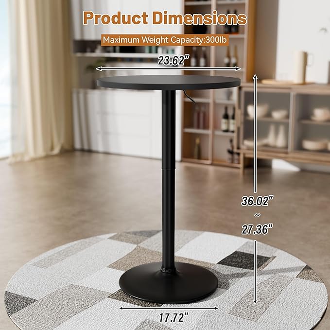 Flamaker Round Bistro Pub Table 23.6 Inch Height Adjustable 360° Swivel Bar Table Metal Base for Pub, Dining Room, Party (1, Full Black)
