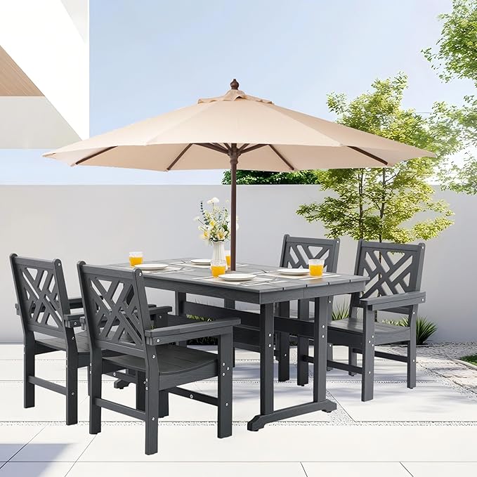 HDPE Dining Table Set for 4,5-Piece Outdoor Table and Chairs Include 4 Dining Chairs and 62.5" Patio Dining Table with Umbrella Hole (Gray)