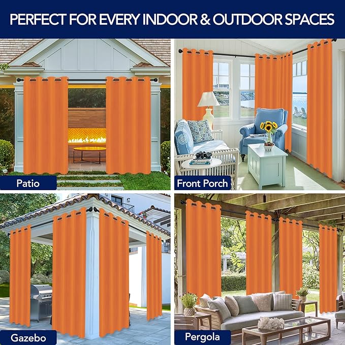 PureFit Outdoor Curtains for Patio Waterproof Weatherproof, UV and Fade Resistant Outside Curtains for Gazebo, Front Porch, Pergola, Sun Blocking Privacy Curtain, 52W x 108L inch, 1 Panel, Orange