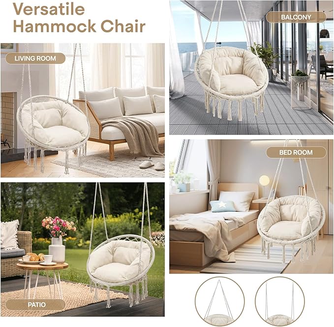 Athena Collection Hammock Chair Hanging Swing Chair with Large Thick Cushions, Outdoor Hanging Chair with Macrame Cotton Rope for Indoor, Outdoor, Bedroom, Balcony, Holds 350 Lbs, White