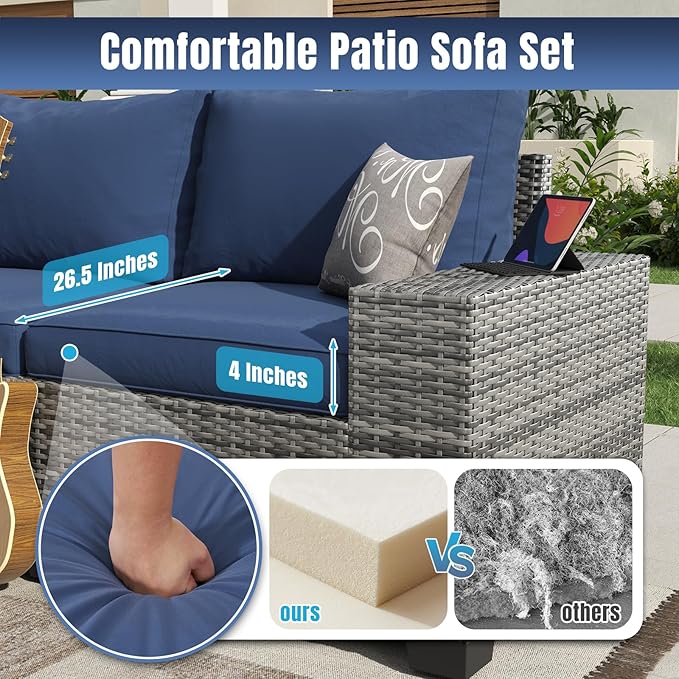 Aoxun 12 Pieces Patio Furniture Set Wicker Rattan Outdoor Sectional Conversation Set with Coffee Table and 4” Thickened Cushions, Gray Blue(Waterproof Cover Included)