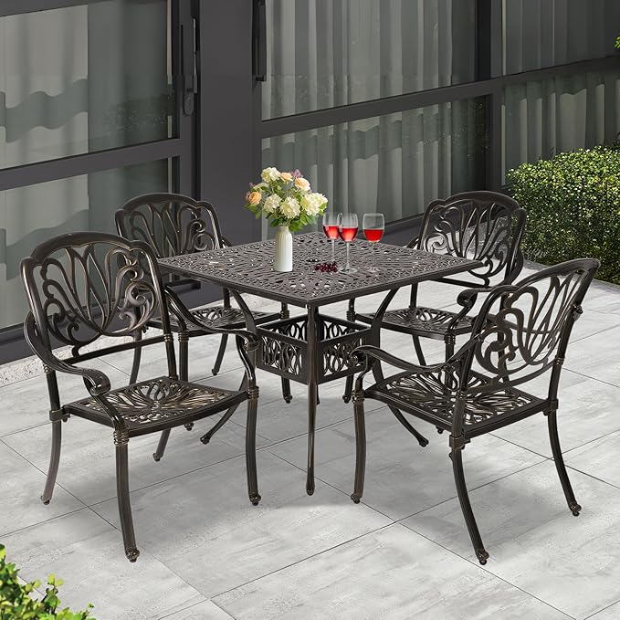 Patio Dining Table,Cast Aluminum Patio Table with Umbrella Hole, Outdoor Bistro Table for Backyard, Garden, Patio (35" Rectangle Dining Table)