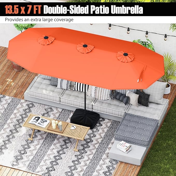 Tangkula 9 Piece Rattan Outdoor Dining Set with 13Ft Umbrella for 6, Outdoor Wicker Table Set with 6 Cushioned Armchairs, Acacia Wood Top, Outdoor Umbrella & with Base Included