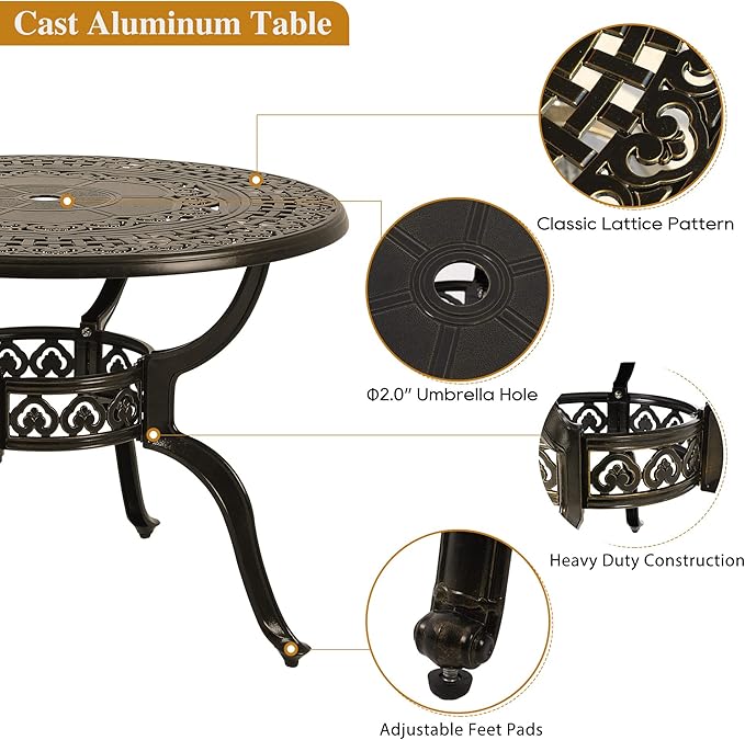 5-Piece Cast Aluminum Outdoor Patio Dining Set, All Weather Cast Aluminum Outdoor Furniture Dining Set for Patio, Balcony, Lawn, Garden, Backyard w/4 Chairs and Cushions, 2.0" Umbrella Hole