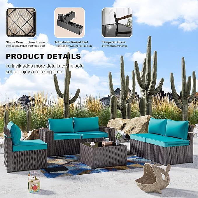 Kullavik Outdoor Patio Furniture Set,12 Pieces Sectional Rattan Sofa Set Brown PE Rattan Wicker Patio Conversation Set with 10 Seat Cushions and 2 Tempered Glass Coffee Table,Turquoise Blue