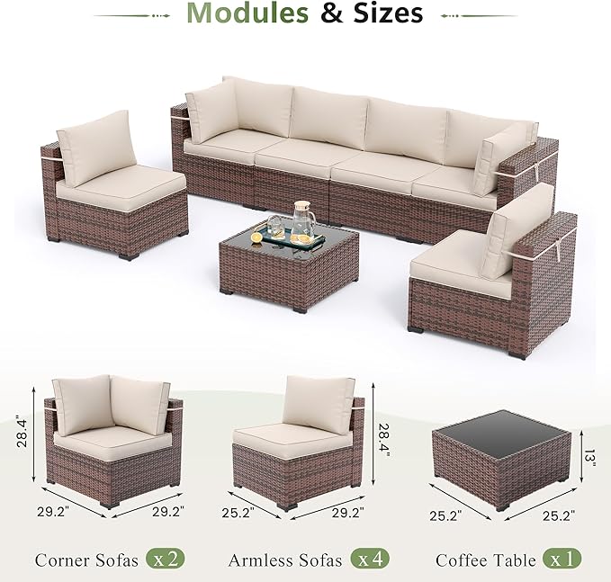 Amopatio Patio Furniture Set 7 Pieces Patio Conversation Set Outdoor Sectional Wicker Rattan Sofa with All-Weather Cover, Patio Furniture with Pillows Fits Porch Garden Backyard Balcony (Cream)