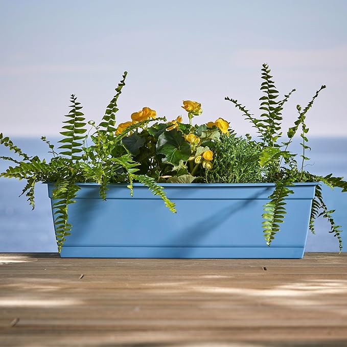 Bloem Dayton 24" Ocean Blue Recycled Plastic Rectangle Window Box Planter with Saucer Tray for Indoor and Outdoor Gardening