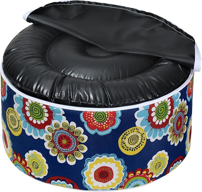 Magpie Fabrics Indoor/Outdoor Inflatable Stool Ottoman Pouf, Water Repellent Round Footrest Footstool with Foot Pump D20 xH9, Portable for Patio Garden Camping or Home, Floral Navy