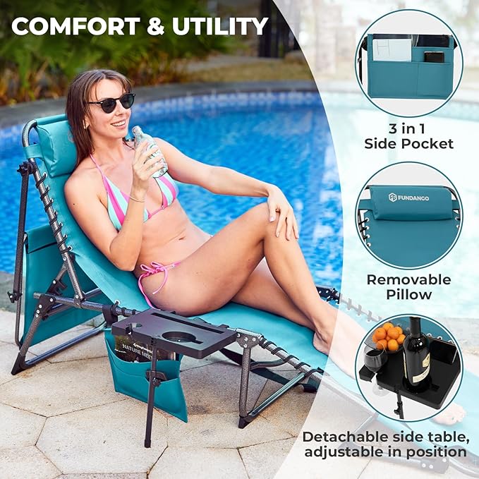 FUNDANGO 4 in 1 Tanning Chair with Face Hole, Beach Lounge Chair w/Canopy Shade & Side Table Chaise Lounge Chairs for Patio, Pool, Lawn, Sunbathing, 5-Position Adjustable Sun Lounger, Set of 2 Cyan