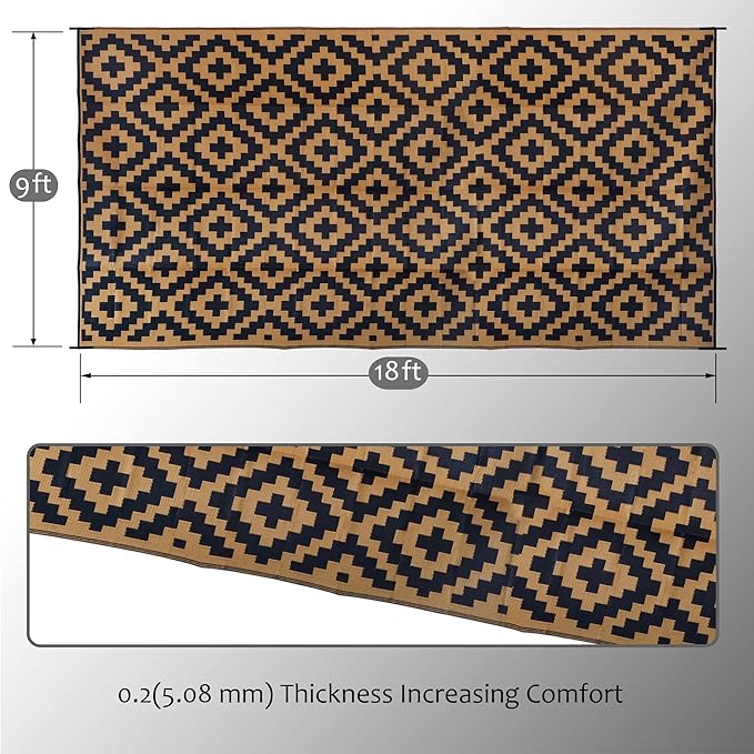SAND MINE Reversible Mats, Plastic Straw Rug, Modern Area Rug, Large Floor Mat and Rug for Outdoors, RV, Patio, Backyard, Deck, Picnic, Beach, Trailer, Camping, Black & Brown, 9' x 18'