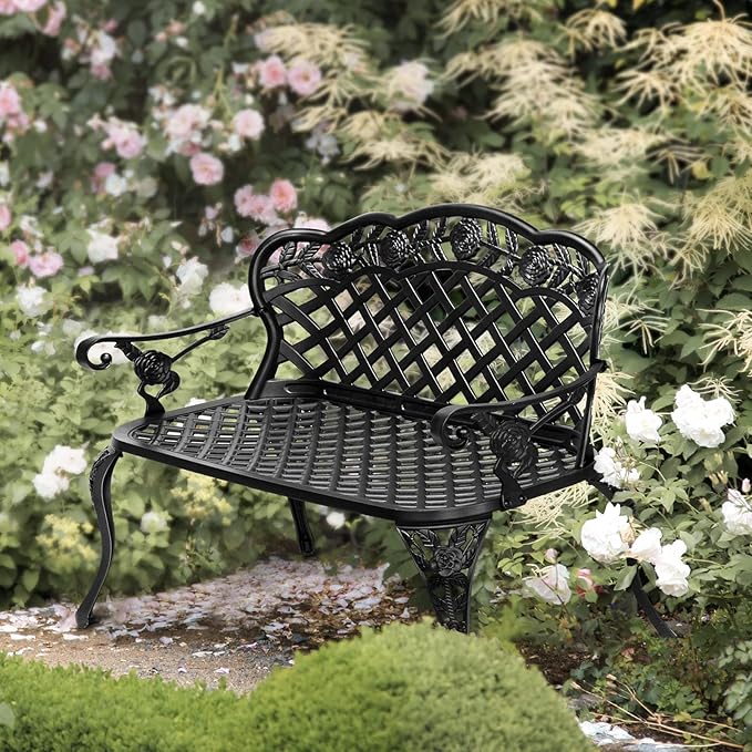 VINGLI 42.5" Outdoor Bench, Antique Cast Aluminum Front Porch Bench Metal Garden Benches Cast Iron Benches 2-3 People Seating (Black)