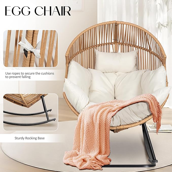 JAMFLY Egg Chair Rocking Chairs, Wicker Patio Chair Oversized Lounger Chair with Cushion for Indoor Living Room Bedroom Outdoor Patio Backyard Balcony Garden, Beige
