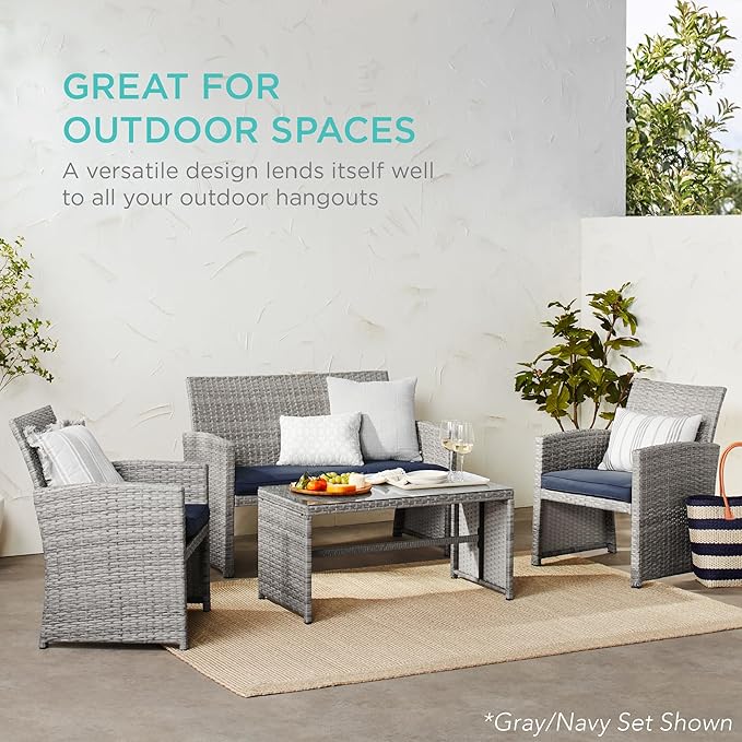 Best Choice Products 4-Piece Outdoor Wicker Patio Conversation Furniture Set for Backyard w/Coffee Table, Seat Cushions - Black/Deep Burgundy