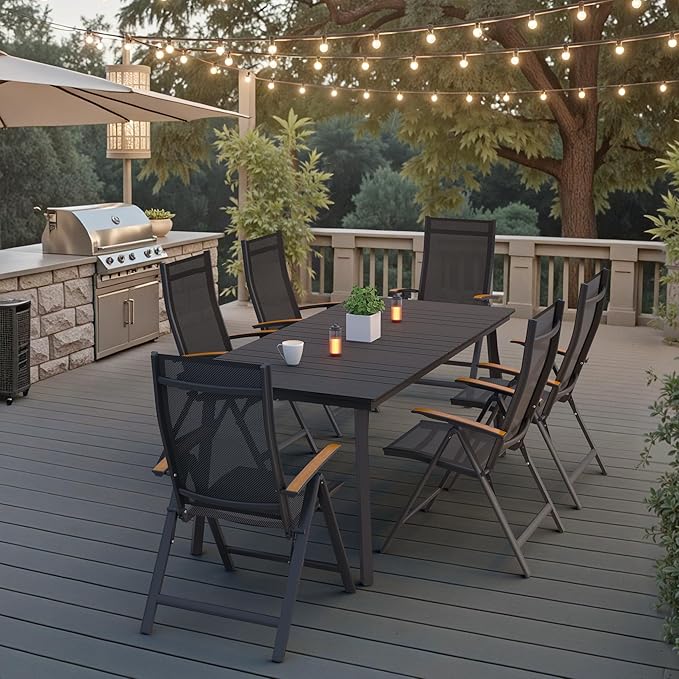70 Inch Outdoor Patio Dining Table for 6 with Wood-Like Top & Umbrella Hole, Black All-Weather Deck & Backyard Table