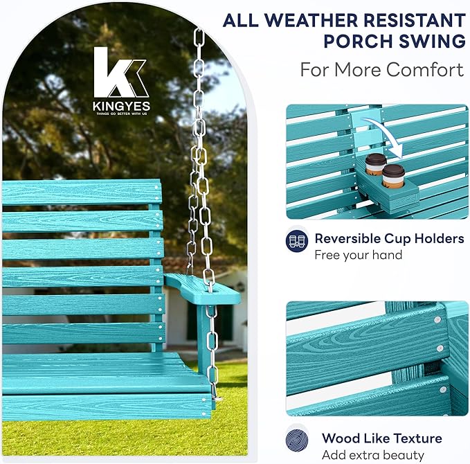 KINGYES Outdoor Hanging Patio Swing Set of 4, 2 Seat Swing Chair with Cup Holders, Waterproof Bench for Courtyard & Garden, 660LBS Weight Capacity, Aruba Blue