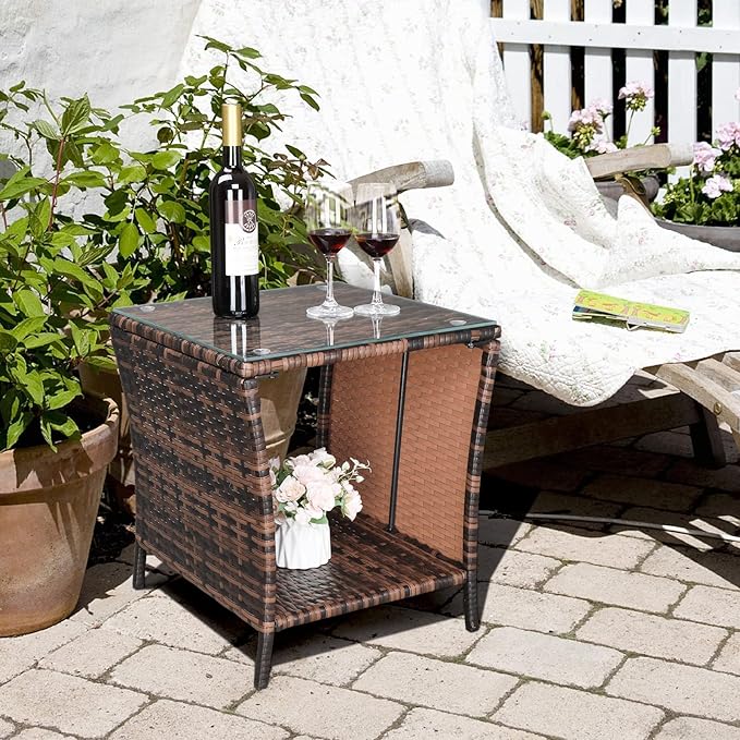 VINGLI Outdoor Wicker Side Table Patio Side Tables for Outside, Tempered Glass Top Wicker Table with Storage End Table for Balcony Porch Deck (Brown)