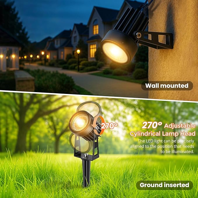 Plug and Play Low Voltage Landscape Lighting Kit, 8-Pack Wired Landscape Lights with Smart Transformer, Warm White Waterproof Outdoor LED SpotLights for Yard, Garden, Pathway, Tree